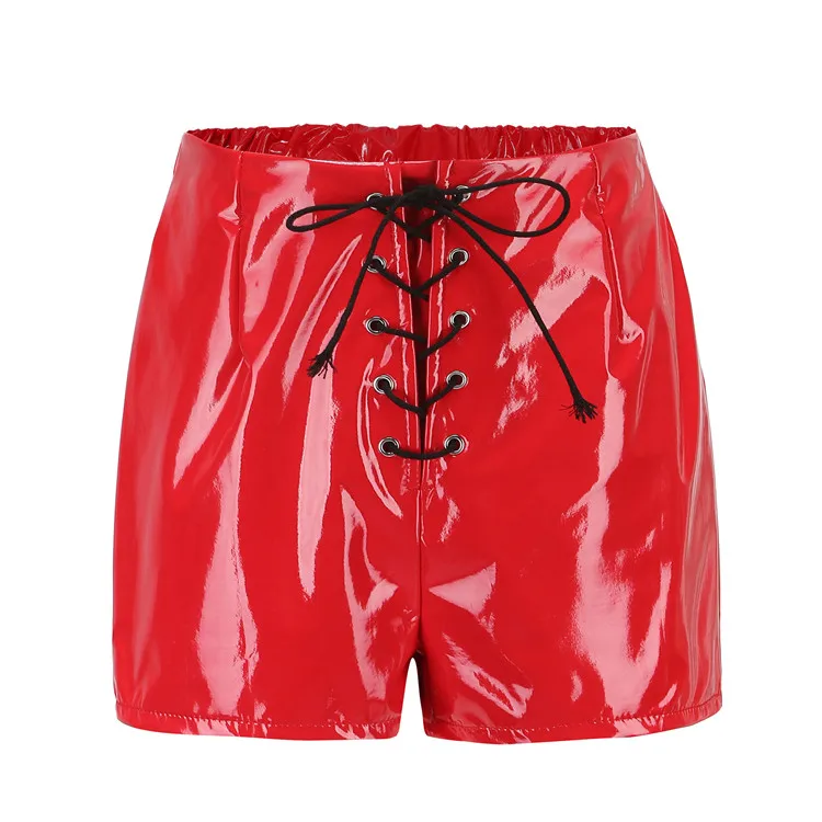 Шорты из искусственной кожи женские горячие штаны кружевные красные черные шорты с высокой талией женские сексуальные бандажные Мини женские шорты на пуговицах