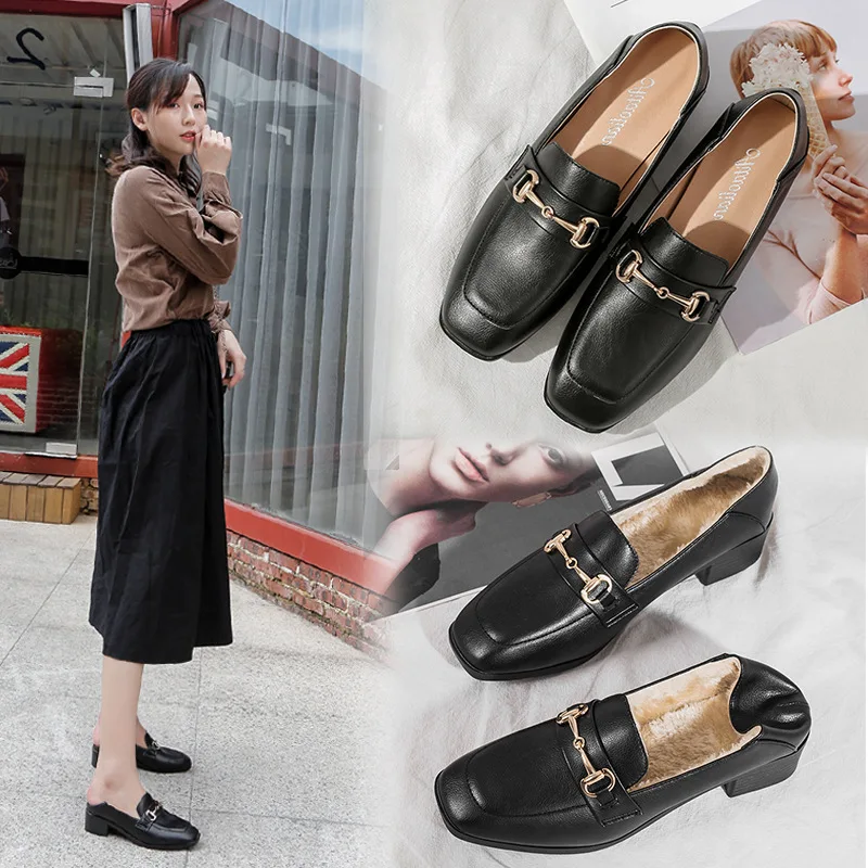 

Double Purpose Shoes Women's 2020 Spring New Style Black And White with Pattern Square Head Chunky-Heel Semi-high Heeled Low-Cut