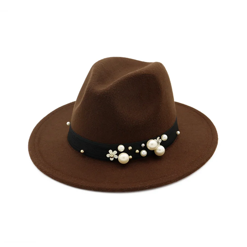 Модная женская шерстяная шляпа Fedora с перламутровым поясом элегантная женская джазовая шляпа чародейная шляпка для церкви размер 56-58 см - Цвет: Dark Coffee