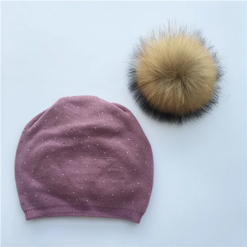 Purple natural fur Женские шапки бини на весну и осень, европейские облегающие шапки бини, кашемировые колпачки, новинка, модные шерстяные вязаные шапки для женщин - Цвет: Purple natural fur