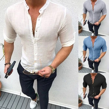 

Men's shirt solid color casual stand collar long sleeve cotton and linen shirt Single Breasted Regular Linen new clothing
