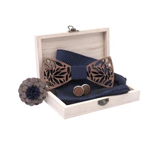 Новинка, деревянный галстук-бабочка, носовой платок, набор, мужской галстук-бабочка, деревянный полый резной цветочный дизайн с деревянной коробкой для свадебной вечеринки