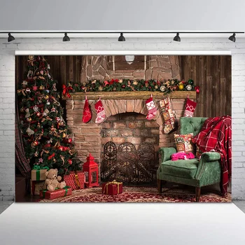 

Christmas Decor Tree Backdrop Retro Vintage Wall Fireplace Portrait Photography Backdrops Gifts Toy Photo Studio