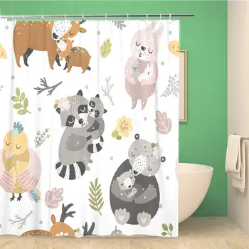 

Bathroom Shower Curtain Kids Cute Forest Animals Bear Bunny Deer Bird and Raccoon Polyester Fabric 72x72 inches Waterproof Bath