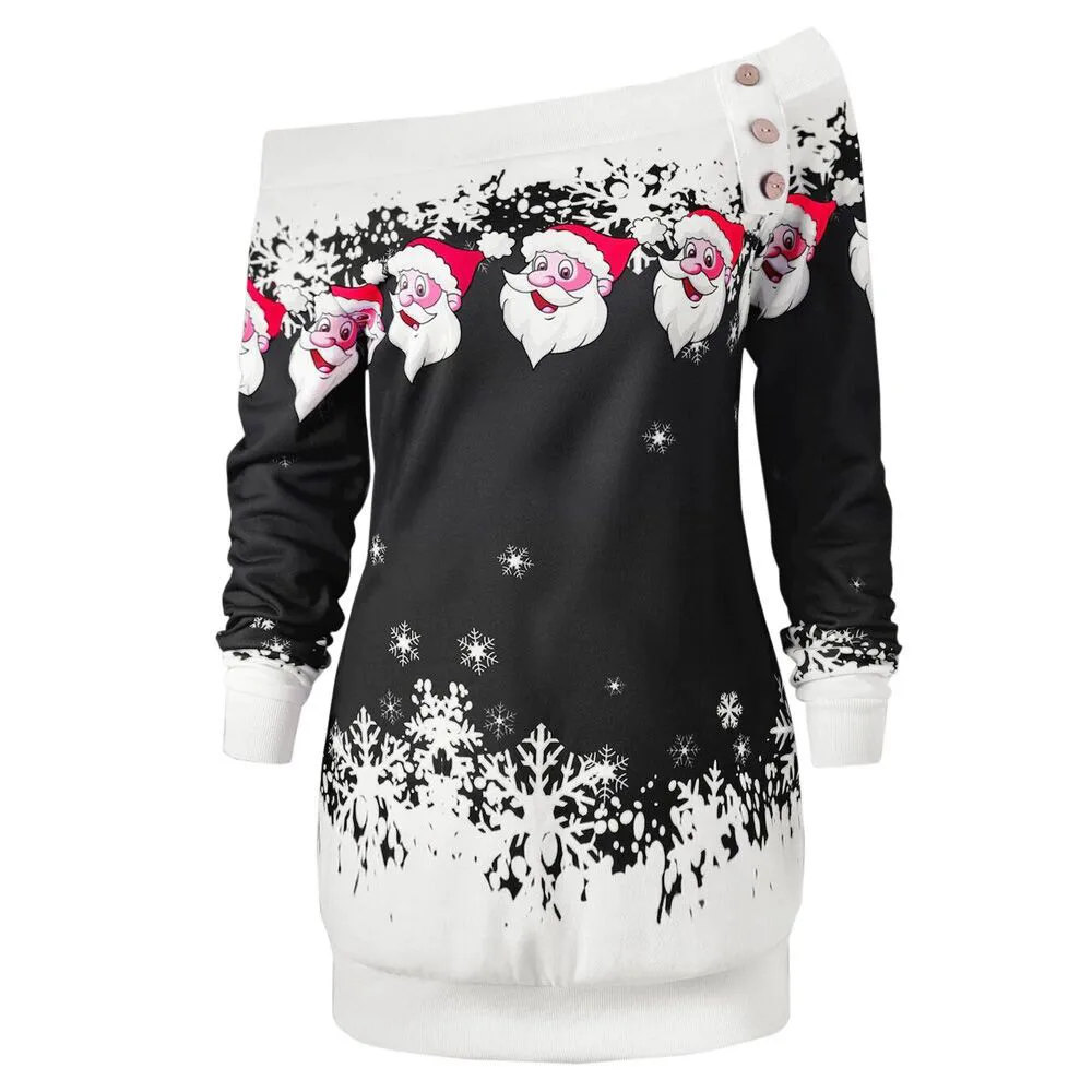 

#35 Christmas Hoodies Plus Size Womens Merry Christmas Santa Snowflake Print Tops Long Sleeve Blouse Plus Size Women Moletom