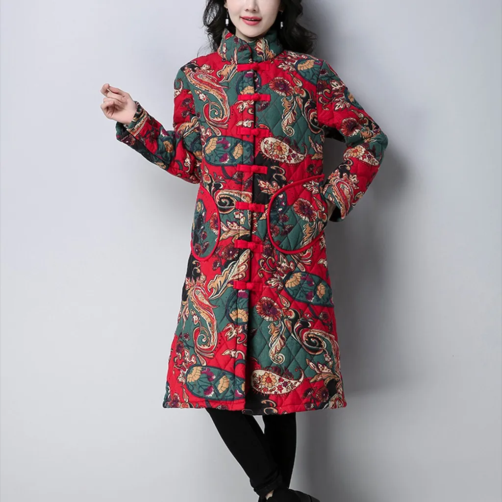 Модная зимняя Толстая хлопковая стеганая куртка Женская Ретро куртка с принтом теплая длинная куртка женский кардиган пальто#108