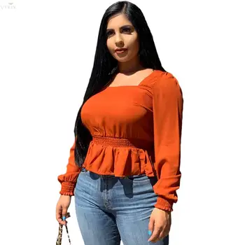

Korean Style Solid Color Long Sleeve Square Collar Vintage T-shirt Fashion Tee Top Casual T Shirts Cute Shirt Top Woman Clothes