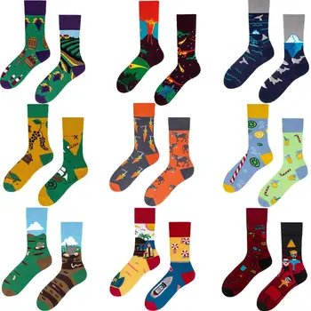 

1Pair Male Crew Socks Men Casual Socks Cotton Unique Cartoon Animal Funny Cute Cool Unisex Socks Mid Length Asymmetric AB Socks