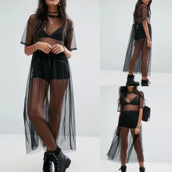 

Fashion Women Short Sleeve Dresses Black Mesh Dress See-through Sheer Summer Dress Tulle