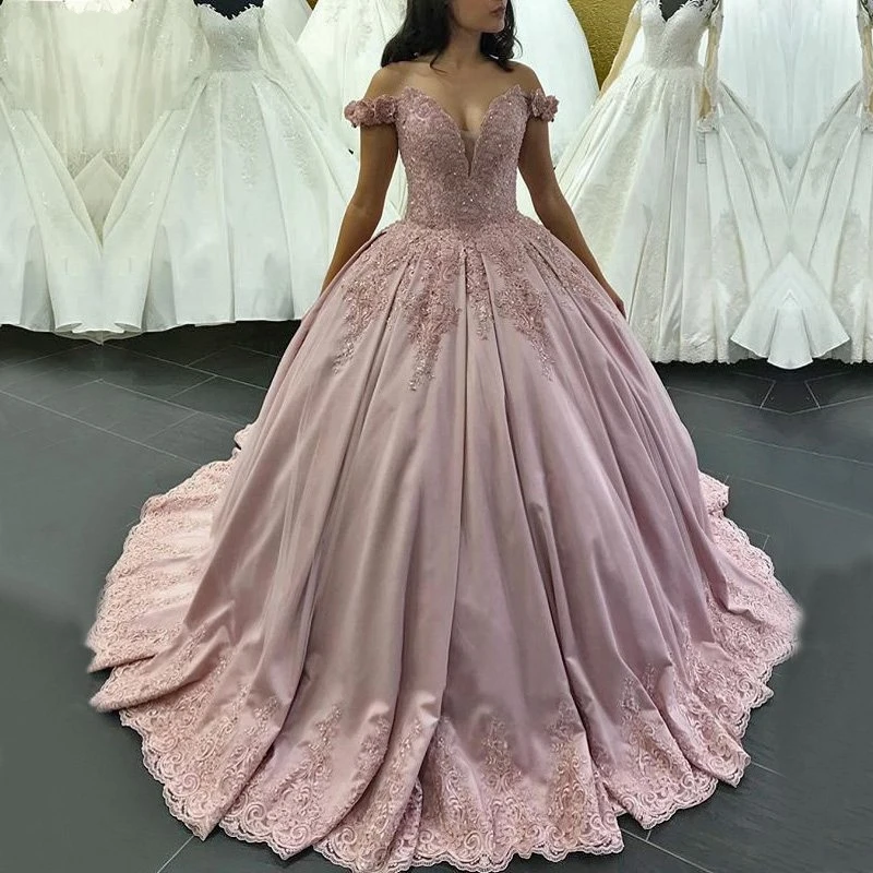 Luxury-Long-Quinceanera-Dresses-2019-Puffy-Ball-Gown-Sweetheart-Cap-Sleeve-Sweet-16-Sixteen-Beaded-Pink