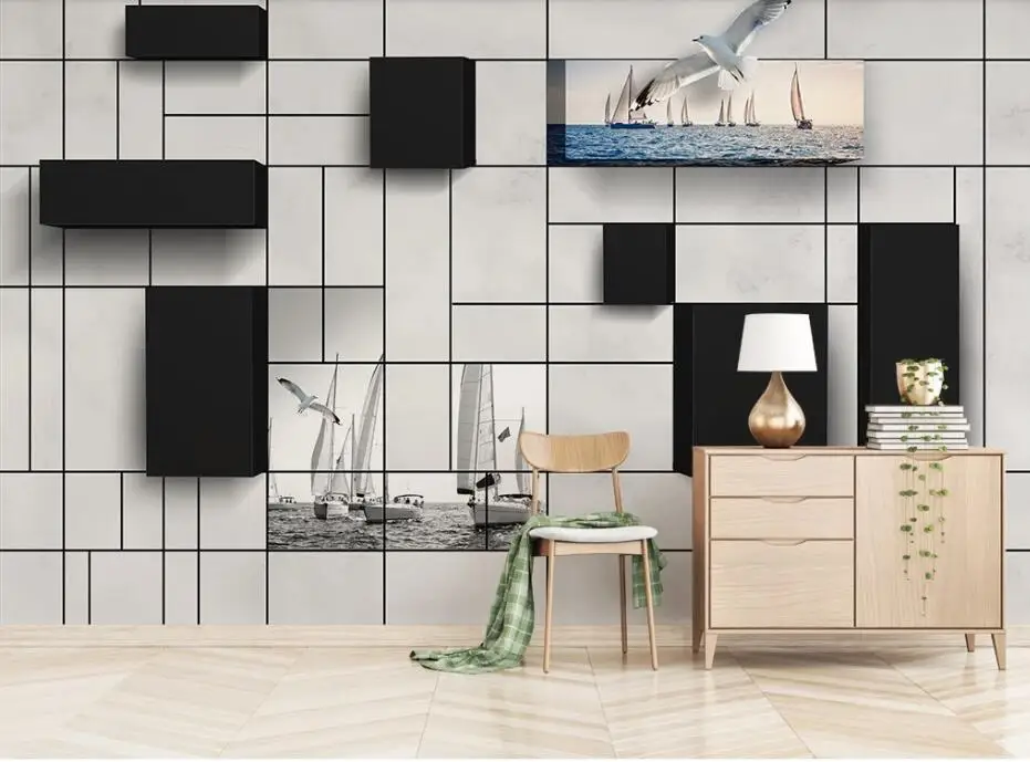lCustom 3d modern wall brick sea sailing tv background wallpaper mural