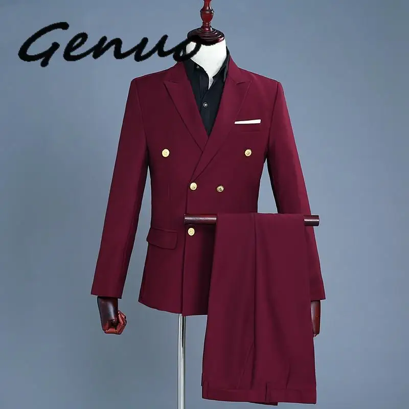 

Genuo New 2020 Wine Red Groom Tuxedo Wedding Singer Suits Double Breasted Slim Fit Suit Prom Dresses Fashion Casual Suit Men