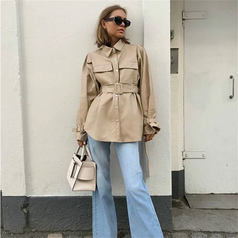 Street Fashion Cool Ladies Quality Khaki Jackets Women Pockets Belt Long Sleeve Turn Down Collar Long Coat Windbreaker Tops