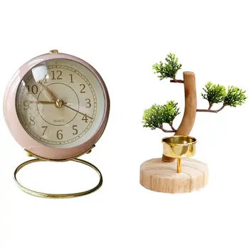 

Natural Rural Style Wooden Fake Tree Bonsai Candle Holder Candle Cup & Pink Silent Alarm Clock Timer Metal Alarm Clock