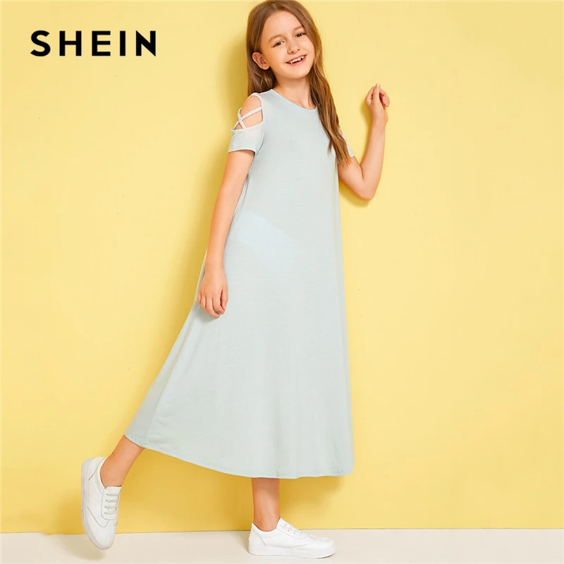 SHEIN/однотонное Повседневное платье с открытыми плечами и перекрещивающимися крест-накрест для детей; коллекция года; летние эластичные детские футболки с короткими рукавами