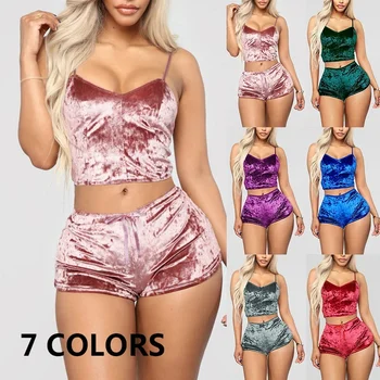 

HEFLASHOR 2PCS/SET Womens Velvet Nightwear Set 2020 Sexy Outfit Spaghetti Strap Sleeveless Crop Top+ Shorts Sleepwear