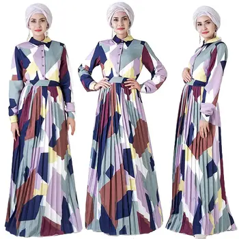 

Dubai Muslim Women Abaya Open Button Shirt Long Maxi Dress Pleated Robe Gown Kaftan Geometry Printed Clothing Malaysia Fashion