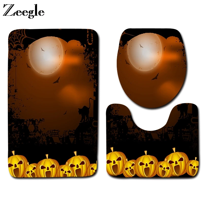 Zeegle 3pcs Bath Mat Set Toilet Pedestal Rug Toilet Cover Mat Halloween Mat for Bathroom Flannel Anti Slip Flannel Bath Mat Rug