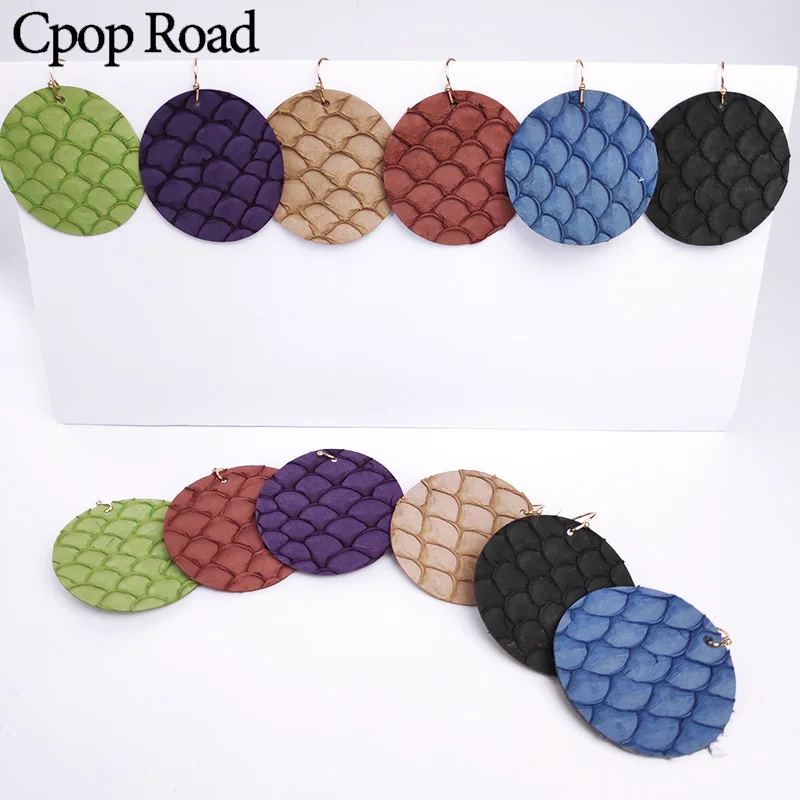 

Cpop New Circle Genuine Leather Earrings Fashion Jewelry Vintage Fish-scale Pattern Earring Women Accessories Hot Sale Gift 2019