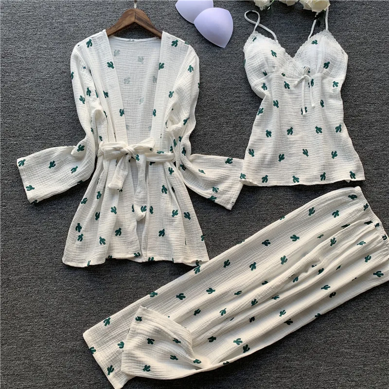 

3 Pcs Pure Cotton Pajamas Set Long Sleeve Women Cartoon Spaghetti Strap Trousers Home Sleepwear Christmas Clothes Winter Pyjamas