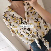 Women Lemon Printed Blouse Top With Short Sleeve & Ties Hem - Ladies Lemon Printing Shirt Top 1