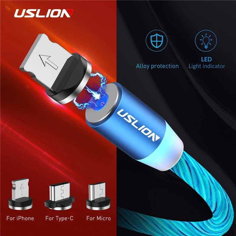 USLION светодиодный светящийся Магнитный usb кабель для iPhone Huawei Samsung USB Type C и Micro