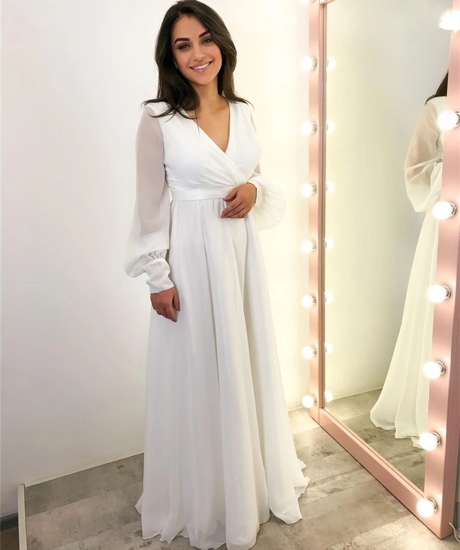 

Simple Wedding Dress A-Line V-Neck Lantern Sleeve Lace-Up Satin Pleat Sashes Floor Length Formal Bride Gown Tailor Made New