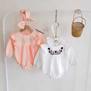 

Autumn baby bodysuit Girl Embroidered Cute Long-Sleeve Jumpsuit Princess Baby Cotton One-Piece Suit Crawling Clothes Hair Band