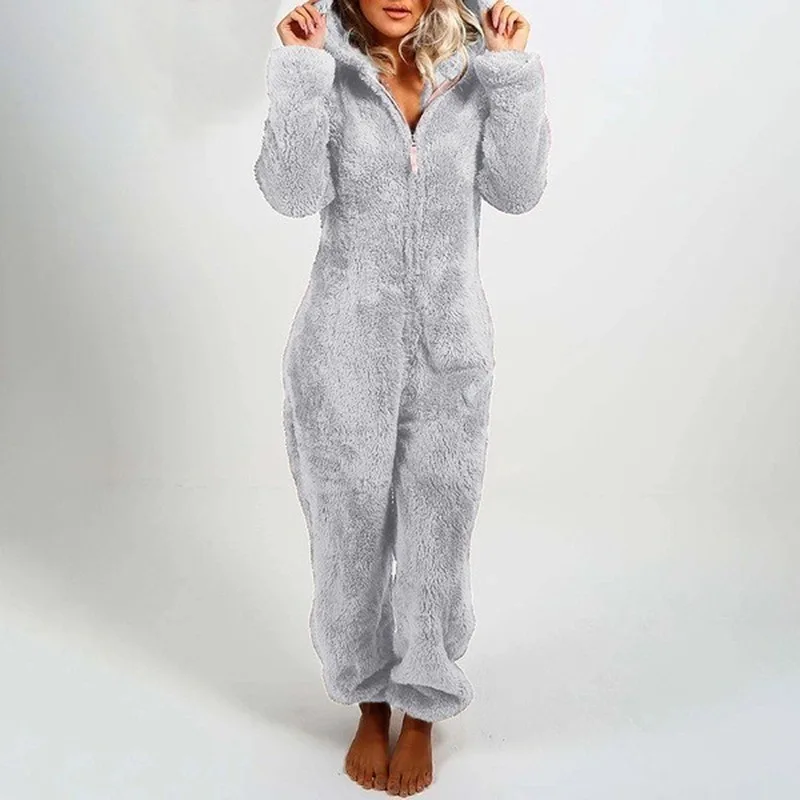 

2020 Winter Fleece Warm Women Hooded Pajamas Oversize Solid Color Long Pant Tracksuit