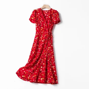

Women Dress 2020 Spring and Summer New Dress V-neck Side Split Floral / Cherry Print Midi Dress