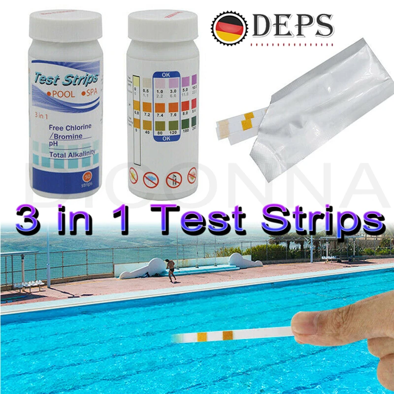 50 x Swimming-Pool/Spa/Hot-Tub-Test-Strips-Chlorine/Bromine Alkalinity PH 3-in-1PH Chlorality Hardness Water Testing Products