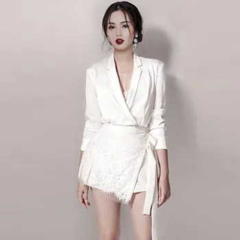 

CBAFU runway designer women's set sexy silk notched blazer tie bow lace up mini skirt 2 piece set suit coat lace skirt F142