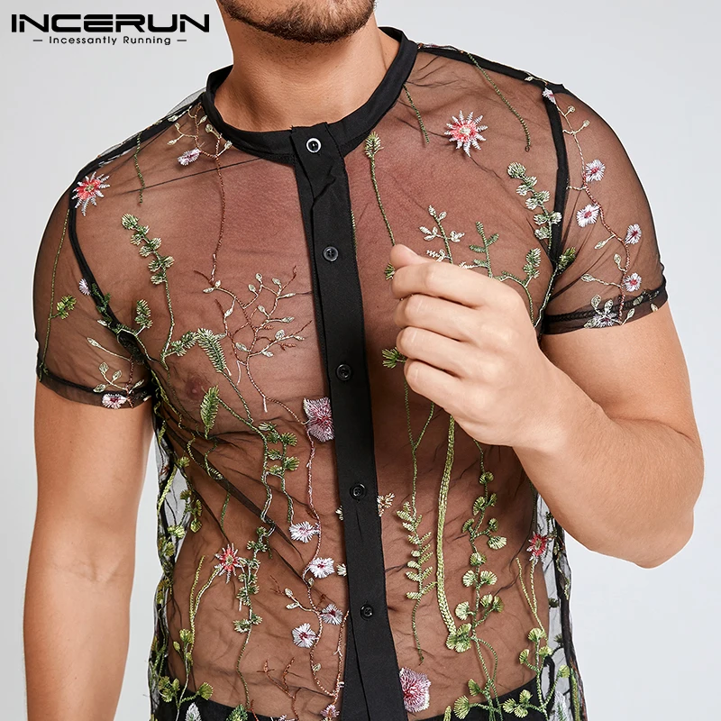 Fashion Men Mesh Shirts Embroidered Short Sleeve Sexy See Through Tops Button Breathable Party Nightclub Shirts INCERUN 5XL