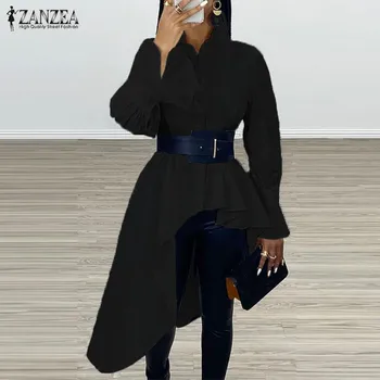 

ZANZEA Stylish Tunic Tops Women Lapel Neck Buttons Asymmetrical Blouse Long Shirt Spring Long Flare Sleeve Blusas Femme Chemise