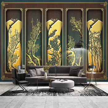

Custom 3d wallpaper mural golden relief line drawing plum lotus tv sofa background wallpaper mural