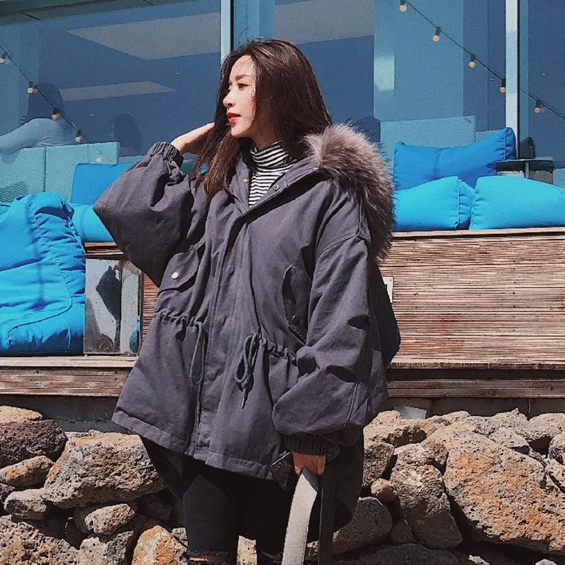 

Photo Shoot INS High Grade Gray Loose-Fit Hooded Large Fur Collar Short-height College Style Drawstring Waist Hugging Workwear C