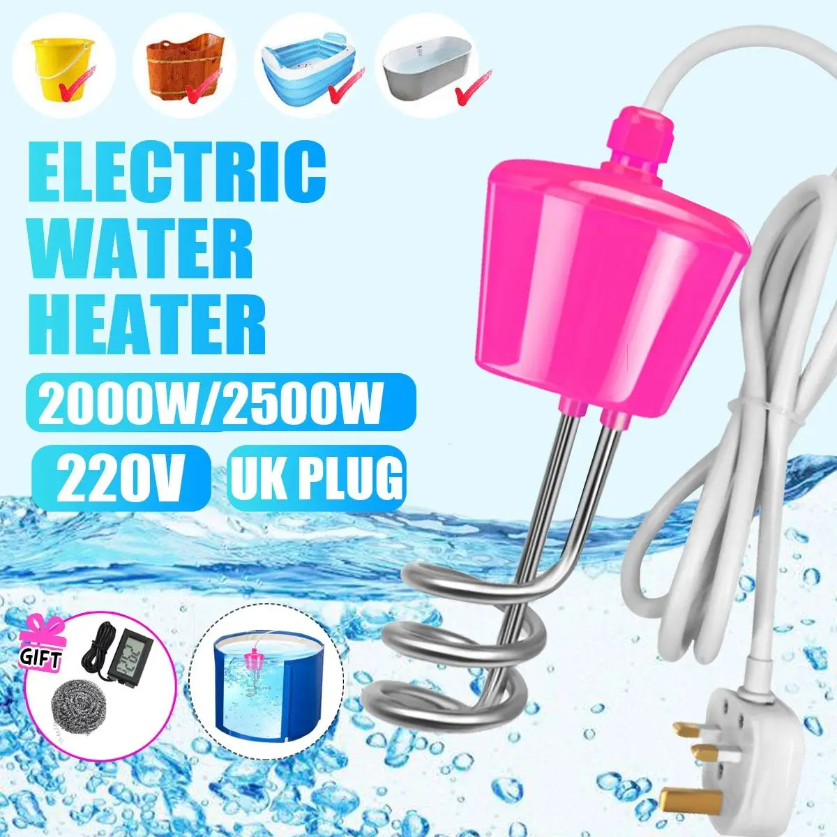 

2500W Floating Electric Heater Boiler Water Heating Element Portable Immersion Suspension Bathroom Swimming Pool UK Plug