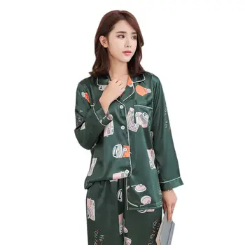 

Women Ice Silk Cigarette Printing Pajama Sets Cofty Loose Ladies Long-Sleeved Trousers Home Clothing Comfortable Pajama Sets