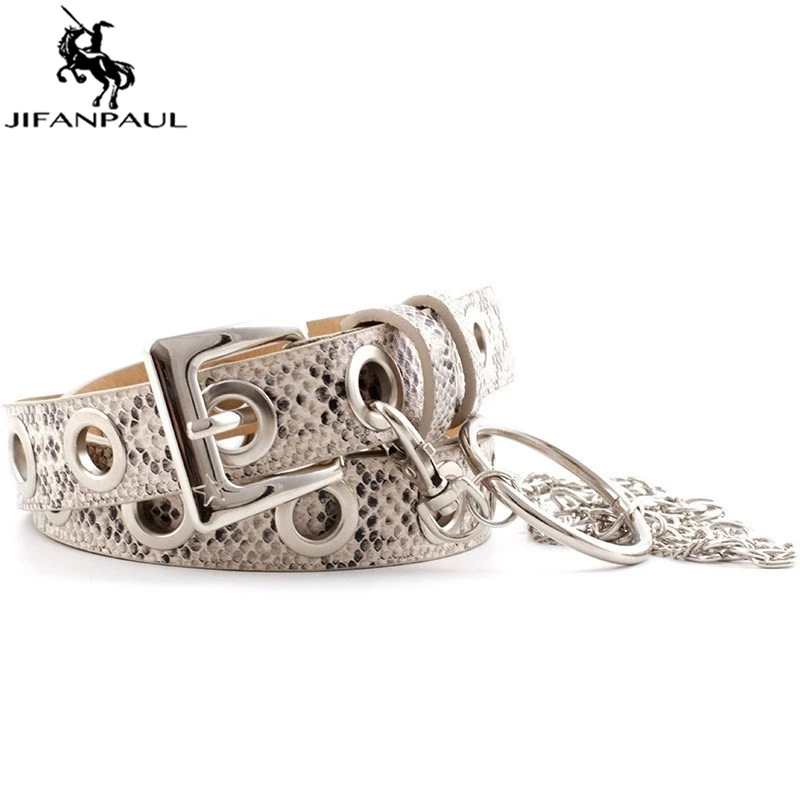 JIFANPAUL Cowhide Belt Snake Pattern Decorative Chain Snakeskin Print Belts For Women Gold Square Pin Buckle Waistban | Аксессуары для