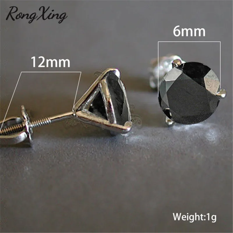 Rongxing старинный черный 3 коготь круглый Циркон Спиральные серьги для женщин 925 серебро заполненные сережки-гвоздики с кристаллами рождественские украшения