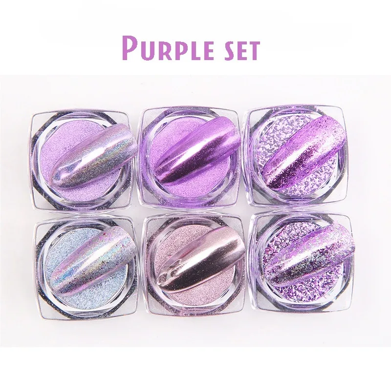 6 коробок/набор золотых розовых хлопьев для ногтей, блестящий порошок, алюминиевое Волшебное Зеркало, блестящая блестка, сделай сам, маникюрная пудра, украшения для ногтей - Цвет: purple