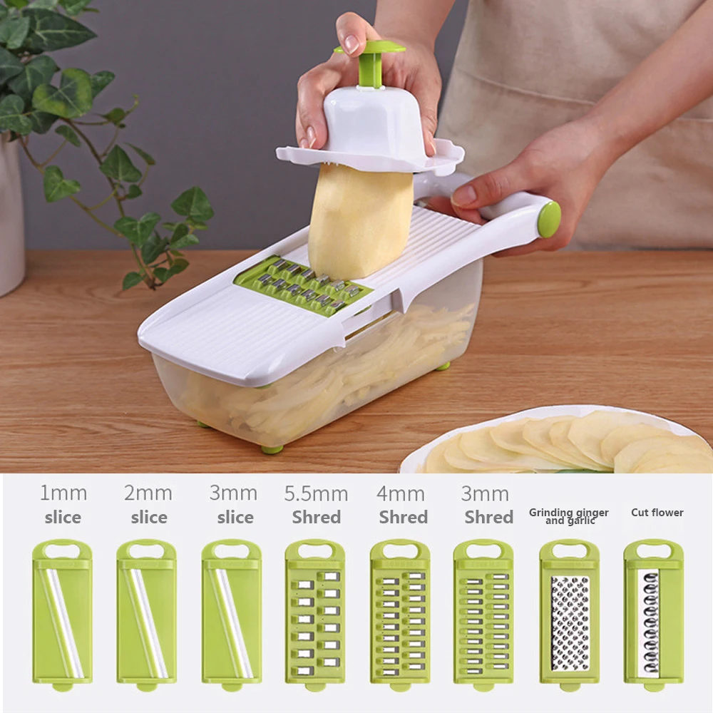 

Kitchen Multifunctional Manual Vegetable Cutter Slicer 8-in-1 Stainless Steel Interchangeable Blades Potato Peeler Carrot Grater