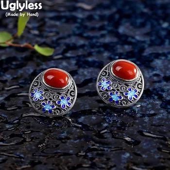 

Uglyless Old Fashion Enamel Flowers Stud Earrings for Women Vintage Thai Silver Earrings Agate 925 Silver Ethnic Brincos Bijoux