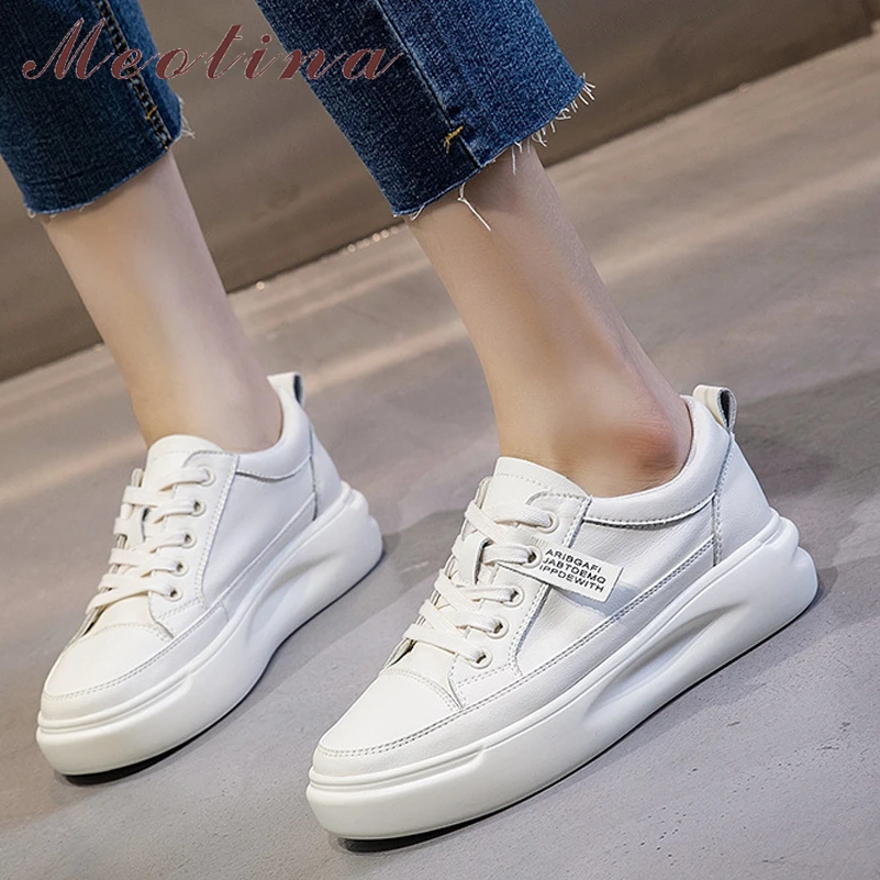 Meotina Baskets plates blanches à lacets en cuir véritable pour femmes, chaussures à