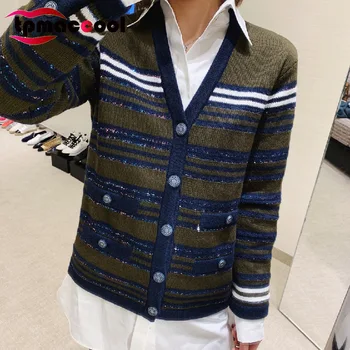 

Tpmaccool luxury designer HIGH END women Knitted wool Cardigan Spring Striped Sequin V-neck Long-Sleeved wool Sweater Cardigans