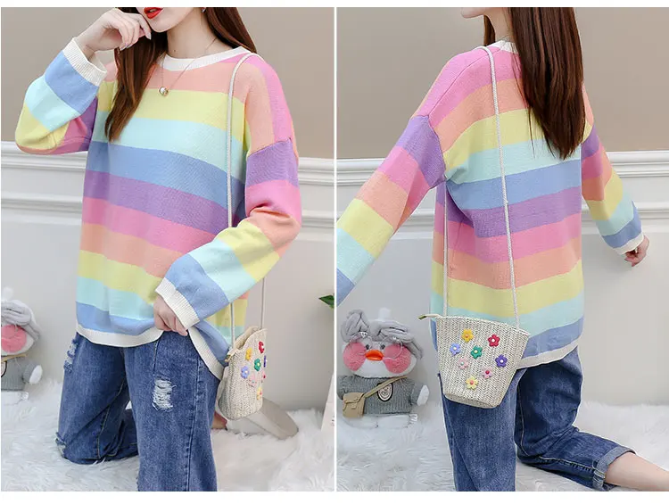 Осенне-зимний Контрастный ЦВЕТНОЙ свитер с круглым вырезом женские пуловеры в полоску длинный рукав свободный покрой свитера для женщин