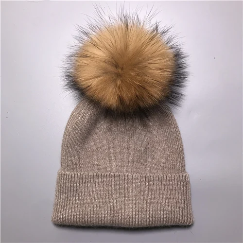 Khaki N Новая женская шапка, зимняя вязаная шапка, шапка из Ангорского кроличьего меха, шапка для девочки, осенняя женская шапка с меховым помпоном, топы - Цвет: Khaki N