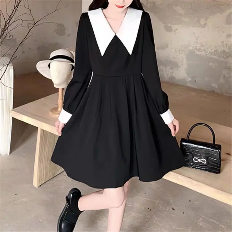 Long Sleeve Dress Women Mini Temperament Vintage Leisure Simple Peter Pan Collar College Cozy Ulzzang Fashion Autumn New Vestido satin dress Dresses