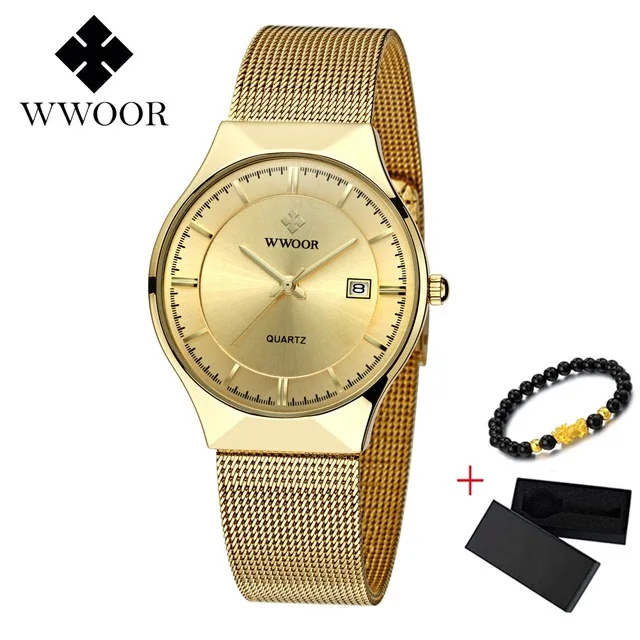 Бренд WWOOR, тонкие часы, мужские роскошные кварцевые наручные часы, дата 50 м, водонепроницаемые часы, мужские повседневные наручные часы, relogio masculino - Цвет: Gold