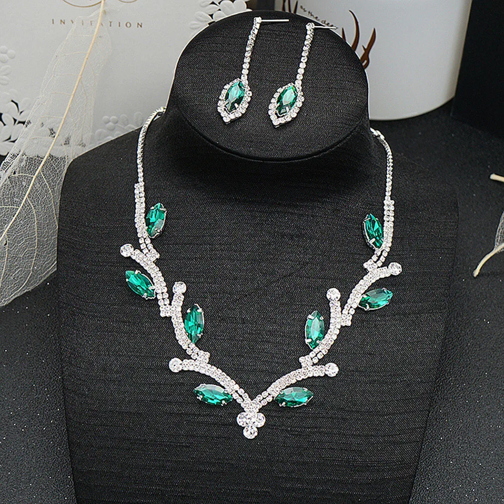 Luxury Colorful Crystal Irregular Leaf Shape Bridal Necklace Earrings For Women Bling Rhinestone Choker Necklace Wedding Jewelry